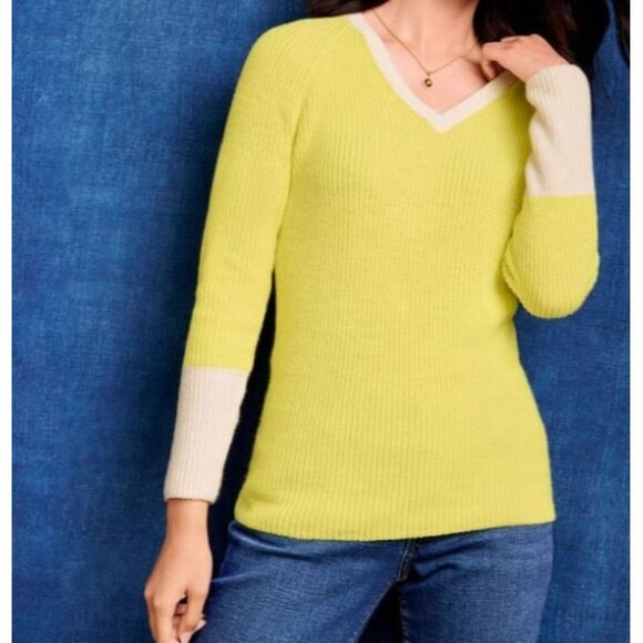 Talbots Womans 0X Varsity Preppy V-Neck Yellow Pullover Sweater - Picture 1 of 9